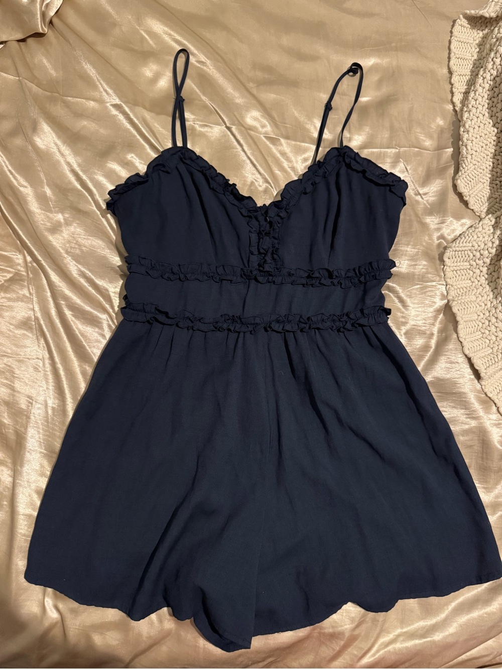 Navy Ruffle Romper with Spaghetti Straps